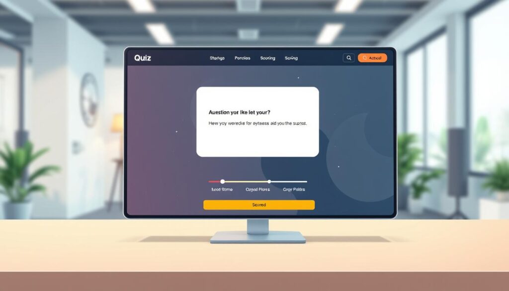A sleek, modern quiz platform interface, featuring a clean and intuitive layout. In the foreground, a large, engaging quiz question takes center stage, surrounded by a minimalist design with vibrant, on-brand colors and simple, yet eye-catching graphics. The middle ground showcases a progress bar, timer, and scoring elements, all designed to drive user engagement and conversions. The background depicts a subtle, blurred office environment, conveying a professional, productivity-focused atmosphere. Soft, directional lighting illuminates the scene, creating a warm and inviting tone. The entire composition exudes a sense of user-friendliness, efficiency, and a platform primed to deliver an exceptional quiz experience.