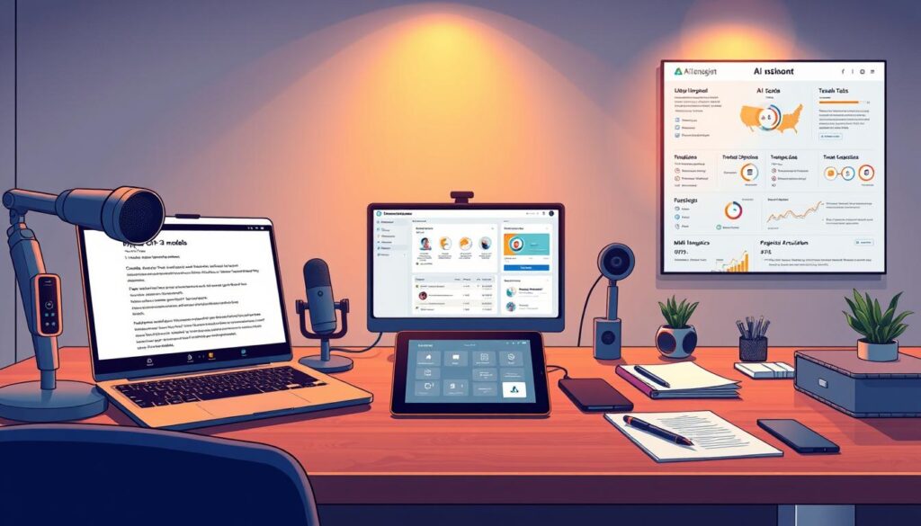 A sleek, modern work desk showcasing an assortment of AI-powered tools. In the foreground, a high-end laptop with GPT-3 models running translation tasks, surrounded by a professional microphone and webcam for client video calls. In the middle ground, a tablet displaying localization software and multilingual QA interfaces, alongside a stylus and project management notes. The background features a minimalist wall-mounted display, highlighting real-time language analytics and client acquisition dashboards, all bathed in warm, focused lighting that emphasizes the technological prowess of this comprehensive AI translation tool stack.