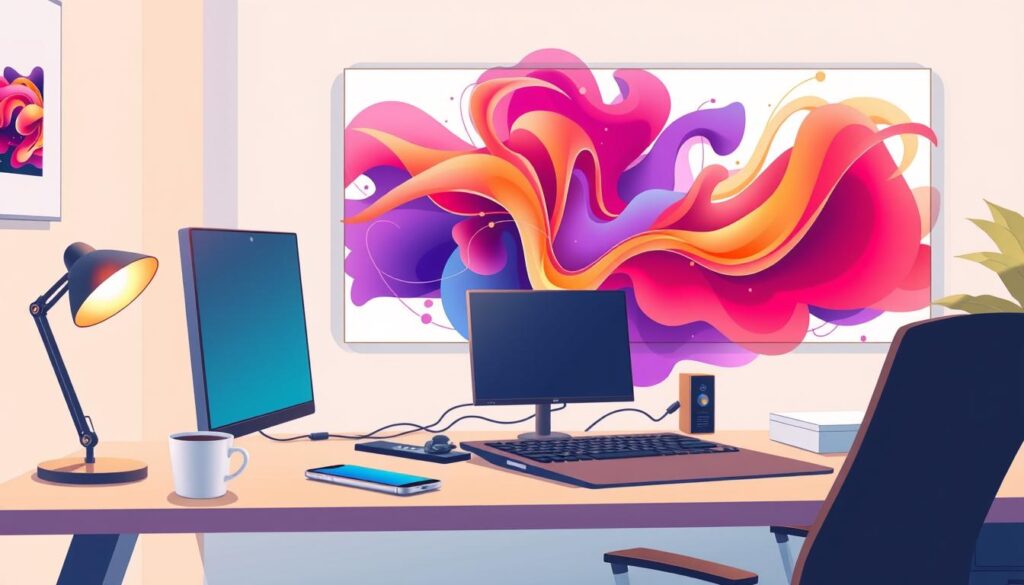 A sleek, modern workspace with a desk, chair, and a computer monitor. The desk is covered in various tech gadgets, including a smartphone, wireless mouse, and a cup of coffee. In the background, a large, abstract digital art piece is displayed on the wall, creating a vibrant and creative atmosphere. The lighting is soft and warm, with a hint of natural daylight filtering through a window. The overall composition conveys a sense of productive and inspired "vibe coding" experience.