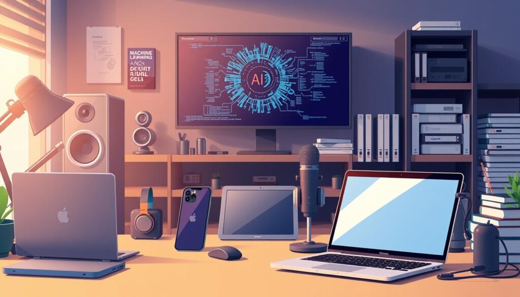 A sleek, modern workspace with an array of essential AI tools artfully arranged. In the foreground, a high-quality laptop, a compact desktop computer, and a state-of-the-art smartphone, all seamlessly integrated. In the middle ground, a cutting-edge tablet, a professional-grade microphone, and a set of noise-cancelling headphones. The background features a large, high-resolution monitor, a powerful server tower, and a selection of reference books on machine learning and data analytics. The lighting is soft and warm, creating a productive and focused atmosphere. The overall composition conveys a sense of efficiency, innovation, and the ability to deliver results quickly.