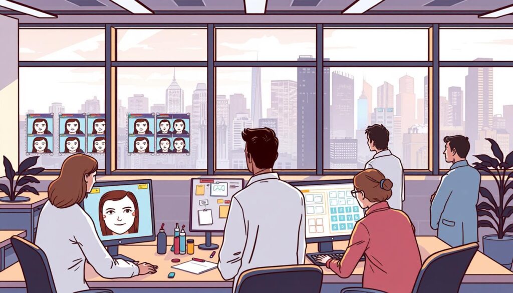 A spacious, well-lit office environment with a large window overlooking a modern cityscape. In the foreground, a team of data scientists and engineers are intently studying a series of emotion recognition models displayed on sleek computer monitors. The middle ground features a collaborative workspace with whiteboards, sticky notes, and prototypes, showcasing the iterative process of building these sophisticated systems. In the background, the bustling city skyline reflects the dynamic nature of the customer experience industry. The lighting is soft and natural, conveying a sense of focus and innovation. The overall mood is one of problem-solving, creativity, and a deep understanding of the human emotional landscape. A spacious, well-lit office environment with a large window overlooking a modern cityscape. In the foreground, a team of data scientists and engineers are intently studying a series of emotion recognition models displayed on sleek computer monitors. The middle ground features a collaborative workspace with whiteboards, sticky notes, and prototypes, showcasing the iterative process of building these sophisticated systems. In the background, the bustling city skyline reflects the dynamic nature of the customer experience industry. The lighting is soft and natural, conveying a sense of focus and innovation. The overall mood is one of problem-solving, creativity, and a deep understanding of the human emotional landscape.