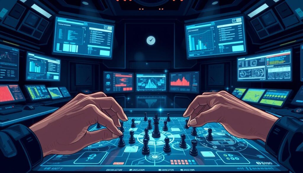 A strategic game unfolding on a futuristic holographic interface. In the foreground, a player's hands manipulate virtual game pieces with precision, their movements guided by data visualizations and analytics displayed in the middle ground. The background depicts a dimly lit, high-tech command center, with screens and consoles showing real-time insights and simulations. Dramatic lighting casts dramatic shadows, creating a sense of intensity and focus. The scene conveys the power of data-driven decision-making in competitive gameplay, where split-second choices can make the difference between victory and defeat.