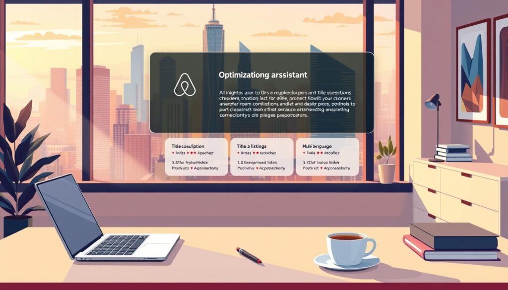 A stylish office workspace with a large window overlooking a vibrant city skyline. In the foreground, a clean, minimalist desk with a laptop, pen, and a cup of coffee. The middle ground features an AI-powered digital assistant, its holographic interface projecting optimization suggestions for Airbnb listings - titles, descriptions, and multi-language options. The background showcases a warm, ambient lighting, with soft shadows and a touch of modern art on the walls, creating a productive and inspirational atmosphere. A stylish office workspace with a large window overlooking a vibrant city skyline. In the foreground, a clean, minimalist desk with a laptop, pen, and a cup of coffee. The middle ground features an AI-powered digital assistant, its holographic interface projecting optimization suggestions for Airbnb listings - titles, descriptions, and multi-language options. The background showcases a warm, ambient lighting, with soft shadows and a touch of modern art on the walls, creating a productive and inspirational atmosphere.