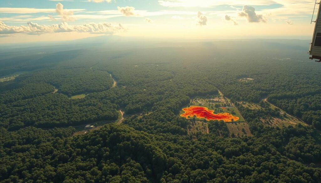 A sweeping aerial vista of satellite imagery monitoring deforestation, captured by a high-resolution camera aboard a state-of-the-art earth observation satellite. The foreground showcases a lush, verdant forest canopy interspersed with clearings, while the middle ground reveals a patchwork of deforestation hotspots, as detected by advanced AI analytics. In the background, a horizon of distant mountains and cloud-flecked skies, bathed in warm, golden-hour lighting. The scene conveys a sense of urgency and environmental stewardship, with the satellite's sensors vigilantly tracking the ever-changing landscape below.