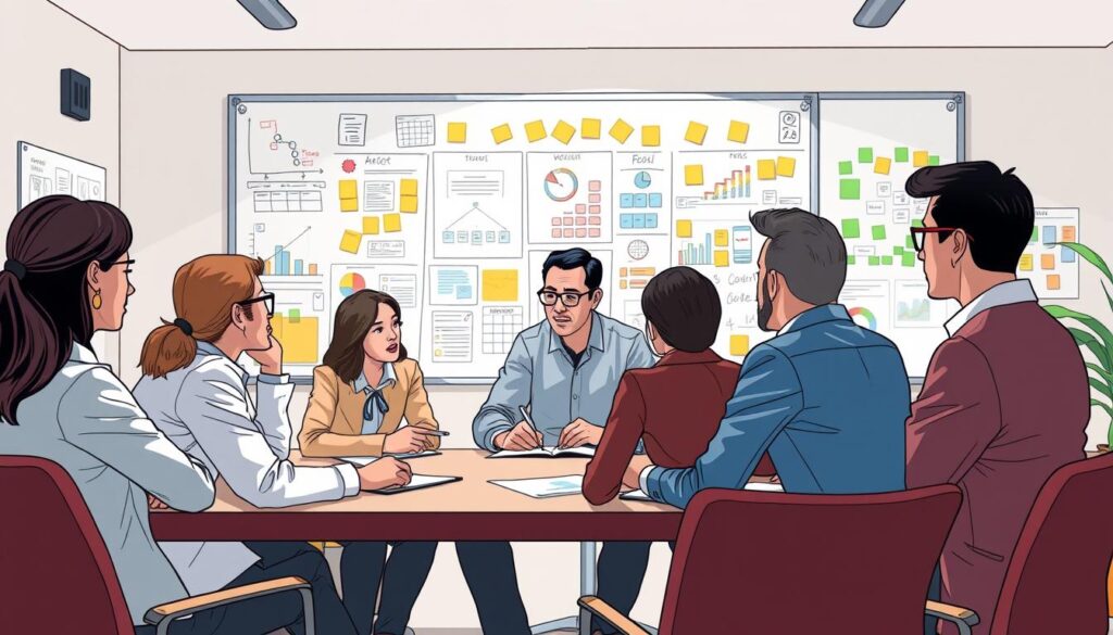 A team of business strategists gathered around a conference table, deep in discussion, surrounded by a wall of whiteboards covered in colorful diagrams, charts, and sticky notes. The lighting is soft and focused, casting a contemplative mood as they meticulously plan their next moves. The perspective is slightly elevated, providing an overview of the collaborative planning process, with each person's expression and body language conveying their unique contribution to the collective strategy. The room's minimalist decor and neutral tones allow the planning elements to take center stage, highlighting the careful, methodical nature of this critical decision-making moment.