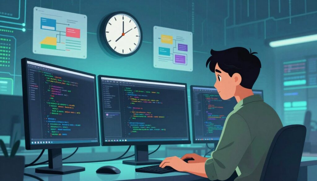 A tech-themed workspace filled with monitors showcasing lines of code and debug information, conveying a fast-paced coding environment. In the foreground, a focused software engineer in smart casual attire is intently reviewing code on a high-resolution screen, bathed in a soft glow from the monitor. In the middle, a digital clock indicates the rapid passage of time, symbolizing efficiency, with colorful diagrams and flowcharts surrounding it. The background fades into a hint of abstract data streams and circuit patterns, illuminated with cool blue and green tones, creating a futuristic atmosphere. Soft ambient lighting enhances the mood of concentration and innovation, suggesting a seamless connection between editing and immediate insights in coding.