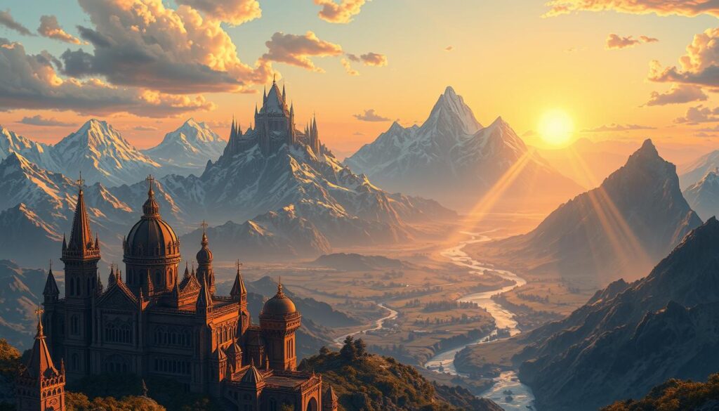 A vast, fantastical landscape unfolds before the viewer, a sprawling world of imagination and creative potential. In the foreground, intricate architectural structures rise, their spires and domes reflecting the warm glow of a setting sun. Towering mountains, their peaks capped with snow, form a majestic backdrop, while sweeping valleys and winding rivers weave through the scene, inviting the viewer to explore the depths of this captivating realm. Rays of light filter through wispy clouds, casting a dreamlike, cinematic atmosphere over the entire composition. The overall impression is one of boundless creativity, where the boundaries of the real and the imagined blur, inspiring the viewer to embark on their own worldbuilding journey.
