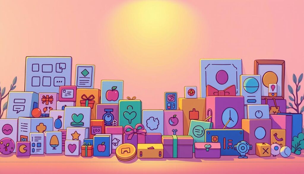 A vibrant and dynamic composition showcasing various product themes. In the foreground, an array of whimsical and colorful icons representing different product ideas - from greeting cards and poetry books to gift sets and themed bundles. The middle ground features a clean, minimalist backdrop, allowing the products to take center stage. Warm, soft lighting casts a gentle glow, creating a sense of inviting warmth and approachability. The overall atmosphere exudes a sense of creativity, innovation, and the endless possibilities of AI-powered product development. Subtle design elements and patterns add depth and visual interest, guiding the viewer's eye through the composition.