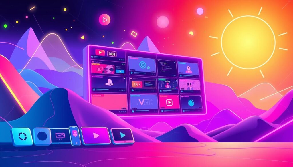 A vibrant and dynamic illustration showcasing diverse channel types for vibe coding enthusiasts. In the foreground, a collection of sleek, minimalist icons representing different coding-related topics such as web development, data analysis, and game design. The middle ground features a mosaic of YouTube thumbnail-style frames, each showcasing a unique vibe coding tutorial or project walkthrough. In the background, a vibrant, abstract landscape of glowing geometric shapes, lines, and gradients, creating an immersive, tech-inspired atmosphere. Warm, neon-infused lighting casts a pulsing, energetic glow across the entire scene, capturing the essence of the vibe coding community and the channels that inspire it.