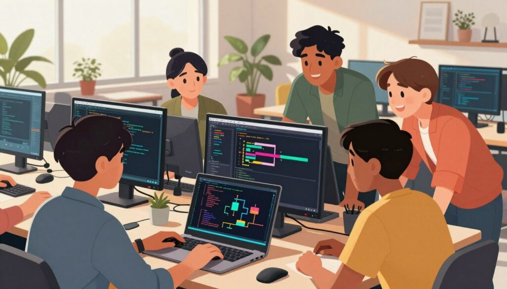 A vibrant and dynamic workspace filled with young coders collaborating enthusiastically around sleek, high-tech computers. In the foreground, a diverse group of three young professionals, dressed in smart casual attire, lean over a glowing laptop screen displaying intricate code and colorful flow diagrams. The middle section features digital screens showcasing various coding projects, with vivid colors and highlighted features, creating an energetic atmosphere. In the background, a modern office space with large windows allowing natural light to flood in, reflecting an inspiring and innovative environment filled with potted plants and contemporary furniture. The overall mood is collaborative and creative, emphasizing focus and refinement in coding aesthetics while celebrating the essence of technology and youthful enthusiasm. Bright, warm lighting enhances the inviting atmosphere.