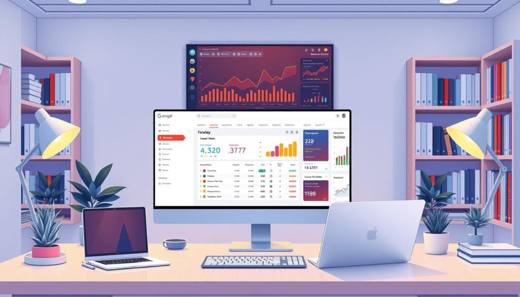 A vibrant and functional workspace with a variety of issue tracking tools arranged in a sleek, minimalist layout. In the foreground, a high-resolution display showcases a modern, intuitive dashboard with color-coded tickets, status indicators, and collaboration features. On the desk, a laptop and tablet provide seamless cross-device access, while stylish desk accessories, including a pen holder and a succulent plant, add a touch of sophistication. The middle ground features a wall-mounted monitor displaying comprehensive analytics and real-time updates, illuminated by warm, indirect lighting. In the background, bookshelves filled with relevant technical manuals and industry publications create an atmosphere of expertise and professionalism.