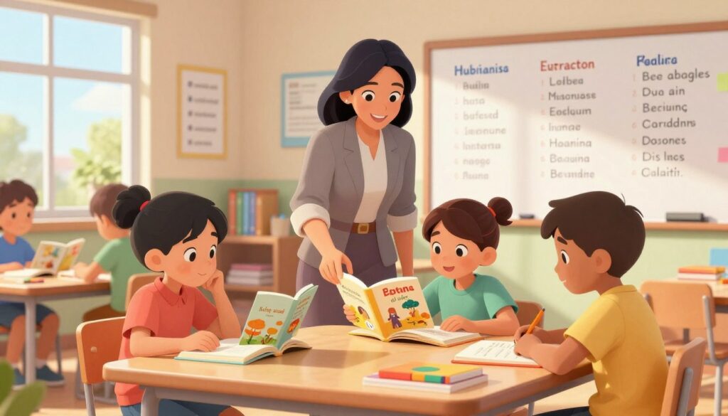 A vibrant classroom scene focused on bilingual learning, featuring a diverse group of three students—two Spanish-speaking children and one English-speaking child—engaged in reading activities. In the foreground, the students sit around a table, surrounded by colorful books and educational materials. Each child is dressed in modest casual clothing, thoughtfully discussing a story illustrated in a book. The middle ground includes a teacher, a middle-aged Hispanic woman in professional attire, guiding them with an encouraging smile. The background shows a bright, well-lit classroom with posters of vocabulary words in both languages and a large whiteboard filled with bilingual notes. Soft, natural sunlight pours in through large windows, creating an inspiring and warm atmosphere conducive to learning. The overall mood is collaborative and enthusiastic, reflecting the joys of language acquisition.