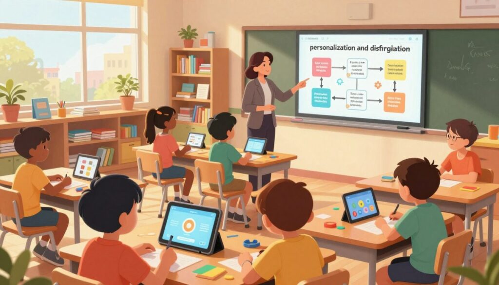 A vibrant classroom scene illustrating the theme of "personalization and differentiation" for diverse learning needs. In the foreground, a diverse group of students is engaged in various activities: one student is using a tablet with an AI assistant interface, while another works on hands-on materials at a personalized workstation. The middle layer features a teacher, a middle-aged woman in professional attire, guiding a small group while using a digital whiteboard displaying tailored learning paths. In the background, shelves filled with educational resources support different learning styles. The lighting is warm and inviting, with sunlight streaming through large windows, creating a hopeful and inspiring atmosphere. The angle is slightly elevated, providing a comprehensive view of the bustling classroom dynamic.