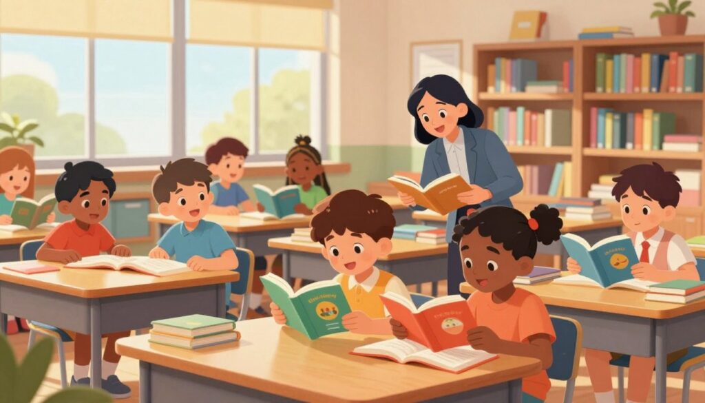 A vibrant classroom scene showcasing the theme of "student literacy." In the foreground, a diverse group of students of various ethnic backgrounds is engaged in reading and discussing books, leaning over colorful desks filled with educational materials. In the middle ground, a teacher guides the students, displaying enthusiasm and encouragement, wearing professional attire. Light streams through large windows, casting a warm glow across the room, enhancing the inviting atmosphere. In the background, bookshelves filled with an abundance of books create a rich, educational environment. The overall mood is dynamic and inspiring, highlighting the joyful pursuit of knowledge and the positive impact of literacy in the classroom. The image captures the essence of collaboration and learning in a modern educational setting.
