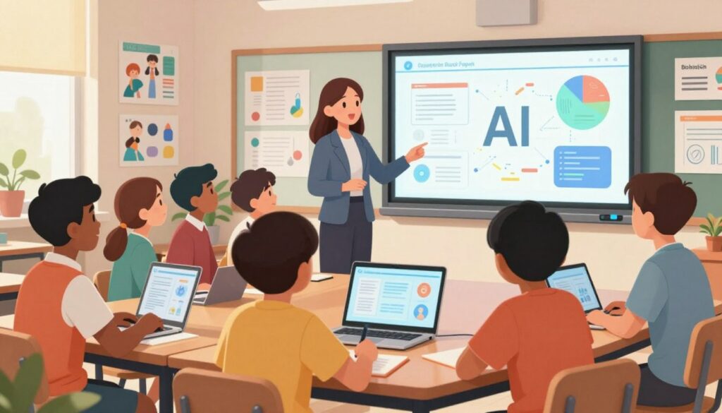 A vibrant classroom setting showcasing diverse students engaged in learning through technology. In the foreground, a group of students of varying ethnicities, dressed in smart casual attire, collaborate around a large digital screen displaying colorful data visualizations and interactive learning tools. In the middle, a teacher guides the discussion, emphasizing the positive impact of AI in enhancing engagement and outcomes. In the background, a wall filled with educational charts and student projects creates an inspiring atmosphere. Soft, natural lighting illuminates the scene, creating a warm and inviting feeling. The image captures a sense of enthusiasm and focus, highlighting the transformative power of AI in education.
