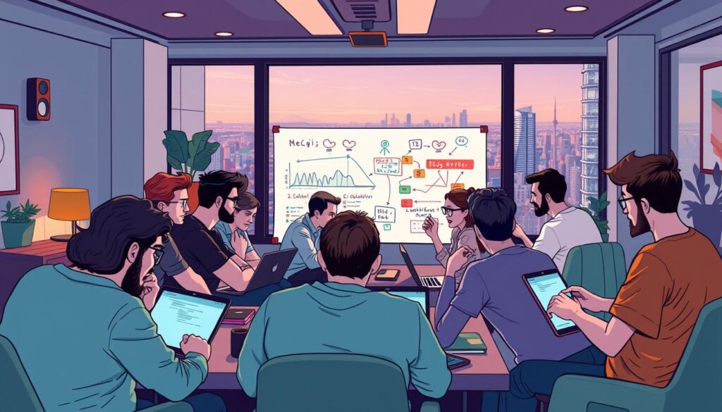 A vibrant, collaborative coding community gathers in a cozy, well-lit studio. In the foreground, developers huddle around laptops, gesticulating animatedly as they discuss intricate algorithms and design patterns. Ambient lighting casts a warm, productive glow, while the middle ground features a large whiteboard filled with colorful diagrams and scribbled notes. In the background, a panoramic window offers a view of a bustling city skyline, symbolizing the global connectivity of this virtual meetup. An atmosphere of shared purpose and camaraderie permeates the scene, capturing the essence of a thriving, vibe-filled coding community.