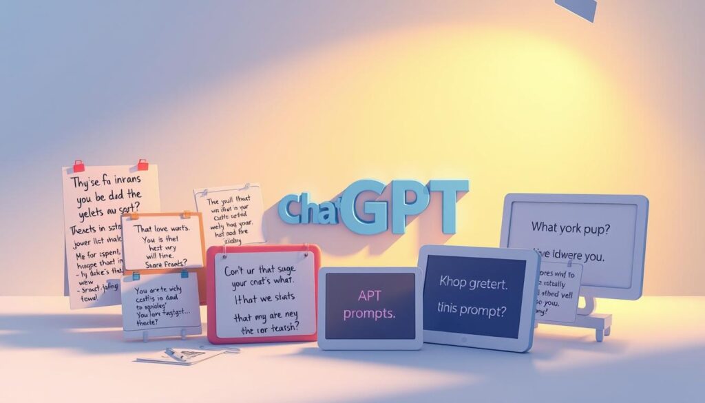 A vibrant collage depicting "ChatGPT Prompts" against a clean, minimalist background. In the foreground, a collection of handwritten notes and digital screens showcasing various prompts, each with a distinct typographical style. The middle ground features a 3D model of the ChatGPT logo, casting soft shadows and infusing the scene with a touch of depth. In the background, a subtle gradient of colors, ranging from cool blues to warm yellows, creates a sense of harmony and balance. The overall composition conveys a sense of creativity, organization, and the power of AI-driven prompts. Soft, diffused lighting illuminates the scene, casting a gentle, contemplative atmosphere. A vibrant collage depicting "ChatGPT Prompts" against a clean, minimalist background. In the foreground, a collection of handwritten notes and digital screens showcasing various prompts, each with a distinct typographical style. The middle ground features a 3D model of the ChatGPT logo, casting soft shadows and infusing the scene with a touch of depth. In the background, a subtle gradient of colors, ranging from cool blues to warm yellows, creates a sense of harmony and balance. The overall composition conveys a sense of creativity, organization, and the power of AI-driven prompts. Soft, diffused lighting illuminates the scene, casting a gentle, contemplative atmosphere.