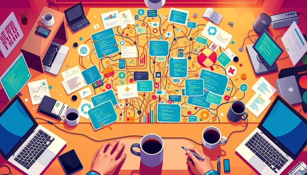 A vibrant collage of real-world coding projects, captured in a stylish, top-down perspective. The foreground features an array of sleek laptops, keyboards, and coffee mugs, hinting at the focused energy of the coders at work. In the middle ground, an intricate web of colorful diagrams, flowcharts, and lines of code spill across the scene, representing the creative process. The background is a warm, softly-lit environment, evoking a cozy, productive atmosphere conducive to coding inspiration. The overall mood is one of productive collaboration, where ideas and innovations come to life through the collective efforts of the coding community.