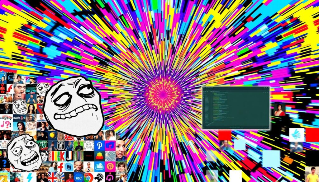 A vibrant collage of repurposed memes, arranged in a dynamic composition. In the foreground, a mosaic of iconic internet images - a rage face, Doge, and a classic meme template. In the middle ground, a swirling vortex of glitch effects and pixel distortions, as if the memes themselves are being remixed and transformed. The background is a kaleidoscopic explosion of bright, clashing colors and abstract patterns, creating a sense of energy and chaos. Lighting is dramatic, with strong contrast and highlights that draw the eye to the focal points. The overall tone is playful, irreverent, and visually striking, capturing the spirit of meme culture and the power of repurposing existing content.
