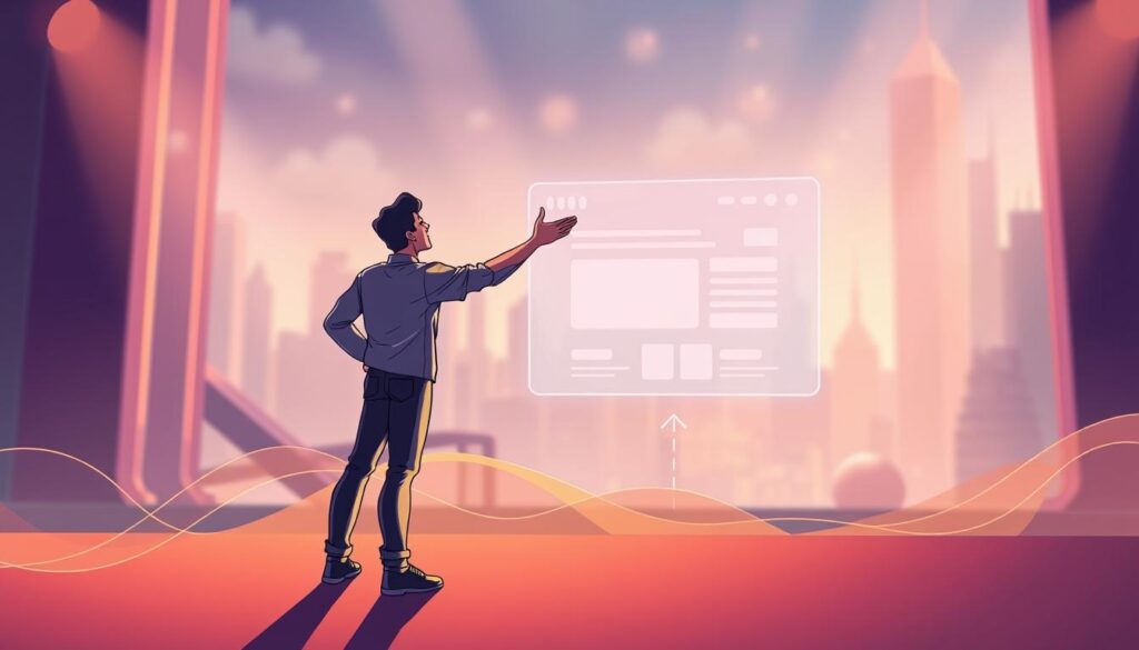 A vibrant, digital illustration depicting the intersection of visual storytelling and AI-powered web design. In the foreground, a dynamic human figure stands confidently, their outstretched hand guiding the creation of a sleek, minimalist website interface. Flowing lines and abstract shapes in a warm, earthy color palette fill the middle ground, hinting at the creative process. In the background, a softly blurred, futuristic cityscape sets the stage, conveying a sense of innovation and progress. Dramatic lighting casts dramatic shadows, emphasizing the drama and energy of the scene. The overall mood is one of seamless collaboration between human creativity and advanced technology, captured in a visually striking, cinematic composition.