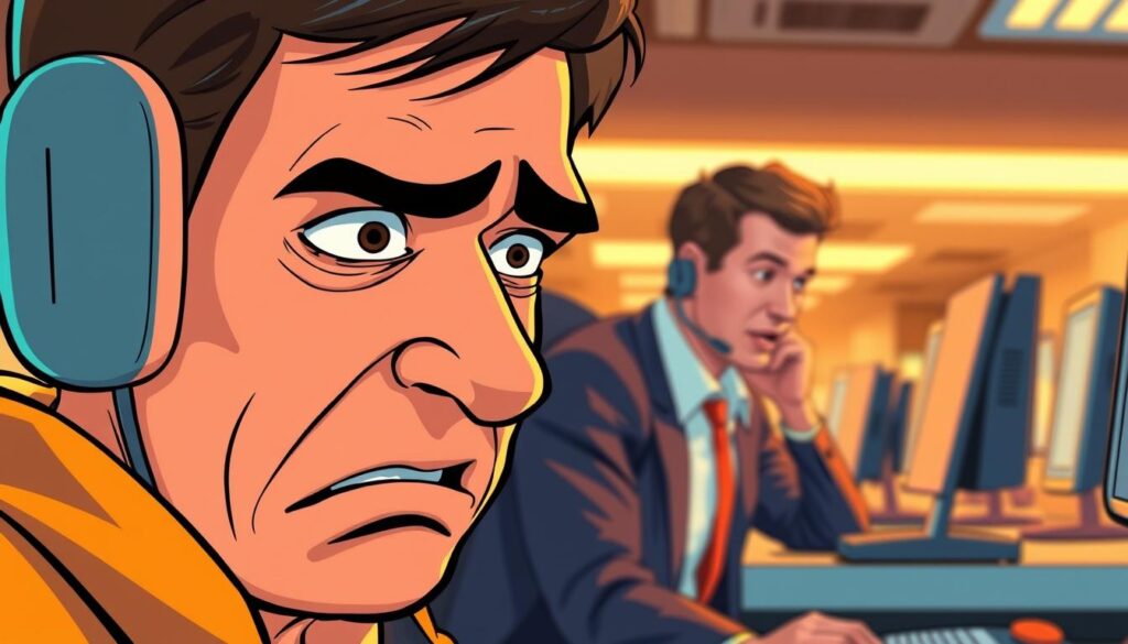 A vibrant, dynamic scene depicting customer sentiment in a call center setting. In the foreground, an expressive customer's face, captured in a close-up shot, conveying a range of emotions - frustration, confusion, and a hint of concern. The middle ground features a customer service agent, leaning forward intently, their body language and facial expression suggesting empathy and a desire to understand the customer's needs. In the background, a softly blurred office environment, with subtle details like ringing phones and the glow of computer screens, creating a sense of the bustling call center atmosphere. Warm, directional lighting illuminates the scene, casting subtle shadows and highlights to add depth and drama. The overall mood is one of tension and engagement, reflecting the complex interplay of sentiment and intent between the customer and agent.