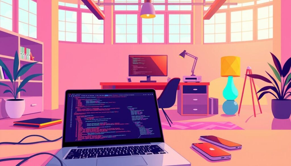 A vibrant, fluid coding workspace with a React-inspired aesthetic. In the foreground, a sleek laptop displaying intricate code, surrounded by an array of devices and peripherals - a tablet, a smartphone, and a high-resolution monitor. The middle ground features a minimalist desk setup with clean lines and a pop of color, perhaps a neon-accented lamp or a bold, geometric-patterned rug. The background evokes a modern, loft-like environment, with large windows allowing natural light to flood the space and illuminate the scene. The overall atmosphere is one of productive, creative flow, where technology and design seamlessly intersect to enable a "vibe coding" workflow. A vibrant, fluid coding workspace with a React-inspired aesthetic. In the foreground, a sleek laptop displaying intricate code, surrounded by an array of devices and peripherals - a tablet, a smartphone, and a high-resolution monitor. The middle ground features a minimalist desk setup with clean lines and a pop of color, perhaps a neon-accented lamp or a bold, geometric-patterned rug. The background evokes a modern, loft-like environment, with large windows allowing natural light to flood the space and illuminate the scene. The overall atmosphere is one of productive, creative flow, where technology and design seamlessly intersect to enable a "vibe coding" workflow.