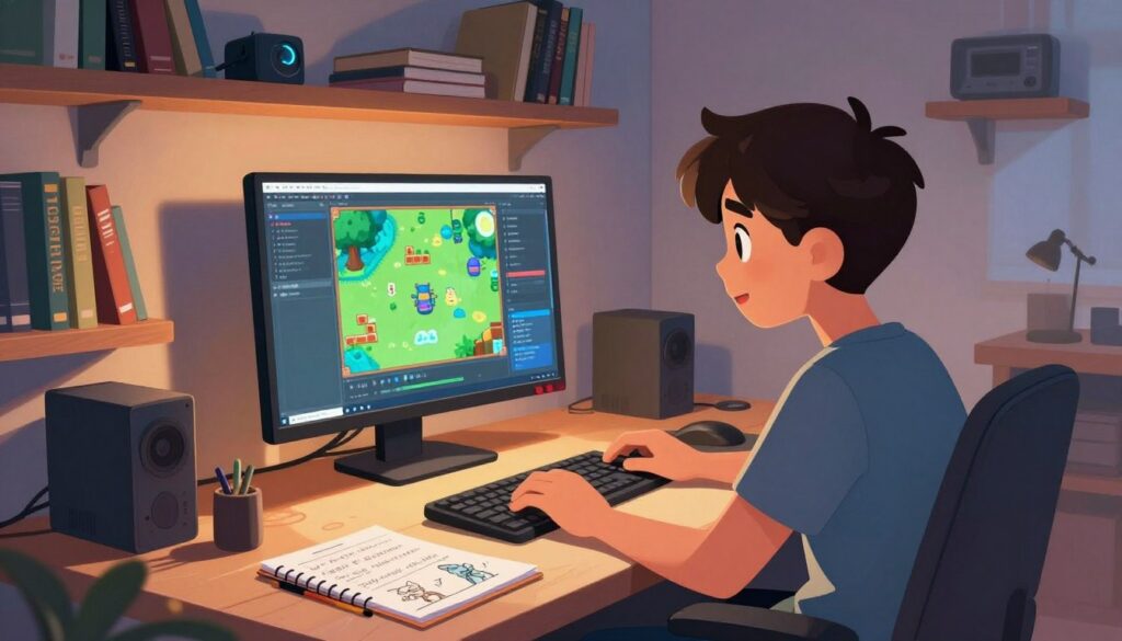 A vibrant, immersive scene depicting a young coder sitting at a sleek, modern desk, focused intently on a computer screen displaying colorful game visuals. The background features shelves filled with coding books and tech gadgets, illuminated by soft, warm lighting that creates an inviting atmosphere. In the foreground, a notepad filled with handwritten coding notes and sketches of game characters showcases the hands-on aspect of coding. A gentle glow emanates from the monitor, casting dynamic shadows and highlighting the coder’s expression of concentration and excitement. The overall mood is one of creativity and discovery, emphasizing the thrill of game development and hands-on learning. A wide-angle perspective captures the entire workspace, giving a sense of immersion in the coder’s journey. A vibrant, immersive scene depicting a young coder sitting at a sleek, modern desk, focused intently on a computer screen displaying colorful game visuals. The background features shelves filled with coding books and tech gadgets, illuminated by soft, warm lighting that creates an inviting atmosphere. In the foreground, a notepad filled with handwritten coding notes and sketches of game characters showcases the hands-on aspect of coding. A gentle glow emanates from the monitor, casting dynamic shadows and highlighting the coder’s expression of concentration and excitement. The overall mood is one of creativity and discovery, emphasizing the thrill of game development and hands-on learning. A wide-angle perspective captures the entire workspace, giving a sense of immersion in the coder’s journey.