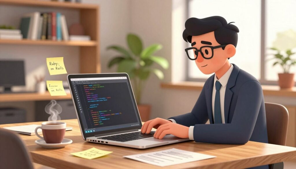 A vibrant scene depicting the essence of Ruby on Rails, focusing on a sleek laptop displaying code on the screen, positioned on a modern wooden desk. In the foreground, a cup of coffee steams gently, while post-it notes with brainstorming ideas scatter around. The middle ground features a focused developer, dressed in professional business attire, typing intently and wearing glasses, suggesting concentration and creativity. In the background, a soft blur of a cozy office environment with bookshelves lined with tech literature and a potted plant adds warmth. The lighting is warm and inviting, with natural light filtering through a nearby window, creating a productive and innovative atmosphere conducive to rapid development.