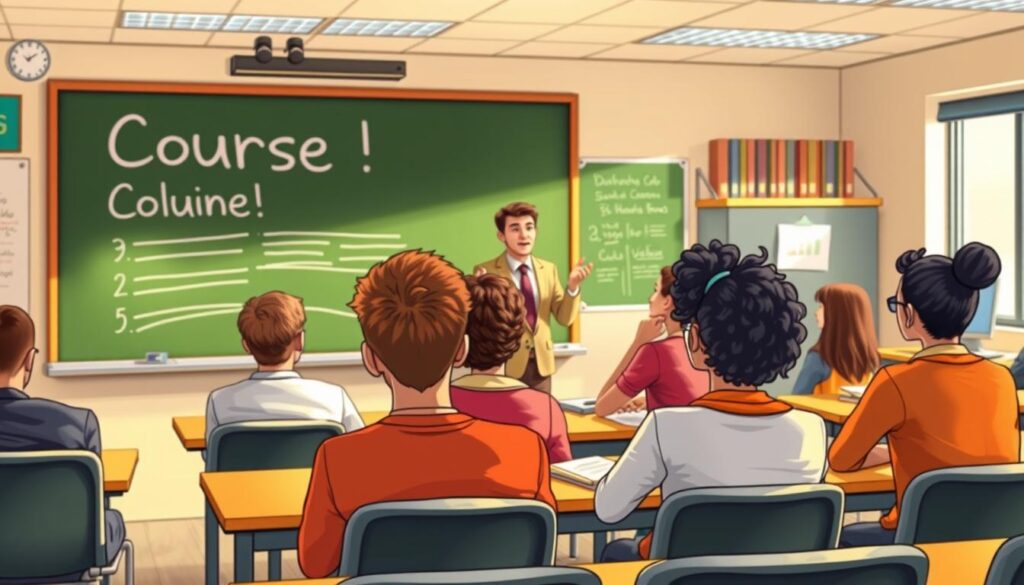 A vibrant, well-lit classroom scene with a chalkboard or whiteboard in the foreground, displaying a course title or topic in bold, crisp lettering. In the middle ground, a group of diverse students attentively listening to a professor or instructor, who is gesturing animatedly while lecturing. The background should depict a modern, technology-enabled learning environment, with sleek desks, computers, and educational materials. The overall atmosphere should convey a sense of productivity, engagement, and the excitement of acquiring new knowledge. Utilize a wide-angle lens to capture the depth and dynamism of the scene, with warm, natural lighting that enhances the sense of a welcoming, collaborative learning space.