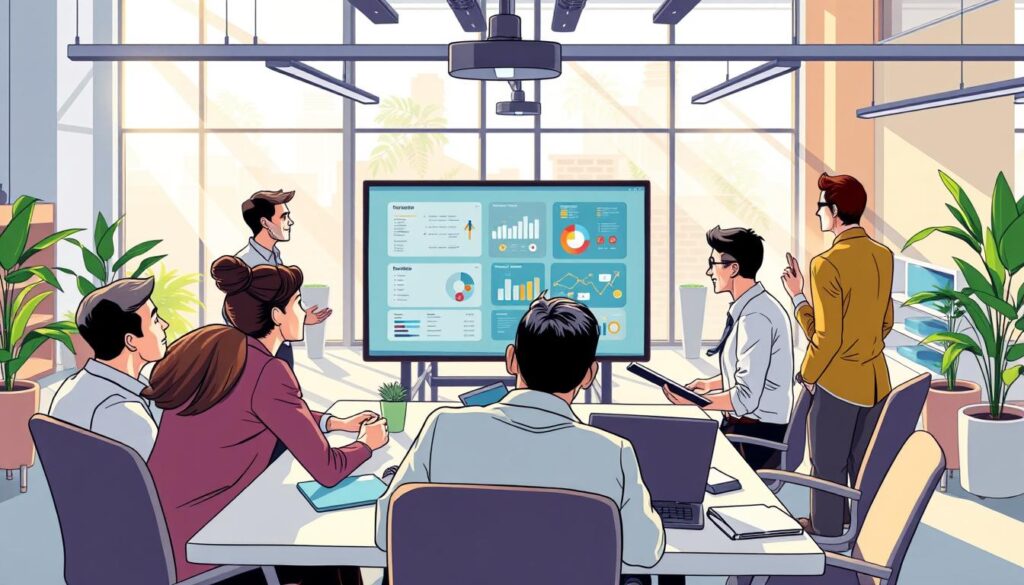 A vibrant, well-lit office scene with a team of professionals collaboratively engaged in their work. In the foreground, a group of colleagues brainstorming around a table, their faces filled with a sense of enthusiasm and productivity. In the middle ground, a team member presenting key insights on a large display, surrounded by attentive co-workers. The background showcases an open, airy workspace with modern furnishings, sleek technology, and abundant natural light streaming in through expansive windows. The overall atmosphere conveys a sense of efficiency, synergy, and the palpable benefits of a well-oiled, AI-driven support-ticket routing system. A vibrant, well-lit office scene with a team of professionals collaboratively engaged in their work. In the foreground, a group of colleagues brainstorming around a table, their faces filled with a sense of enthusiasm and productivity. In the middle ground, a team member presenting key insights on a large display, surrounded by attentive co-workers. The background showcases an open, airy workspace with modern furnishings, sleek technology, and abundant natural light streaming in through expansive windows. The overall atmosphere conveys a sense of efficiency, synergy, and the palpable benefits of a well-oiled, AI-driven support-ticket routing system.