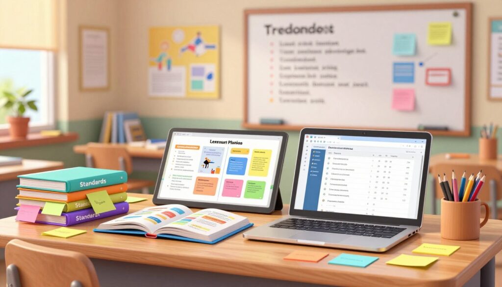 A visually engaging workspace featuring various tools for lesson planning aligned with educational standards. In the foreground, a wooden desk cluttered with vibrant sticky notes, a laptop displaying a curriculum alignment software, and a stack of well-organized folders labeled "Standards". In the middle, an open textbook and colorful learning resources like charts and diagrams highlighting key concepts. In the background, a softly lit classroom environment with a whiteboard filled with lesson objectives and educational posters. Use warm, inviting lighting to create a productive atmosphere, reflecting the efficiency AI tools bring to teachers' planning. The composition should evoke a sense of organization and inspiration, showcasing a professional setting where educators thrive.