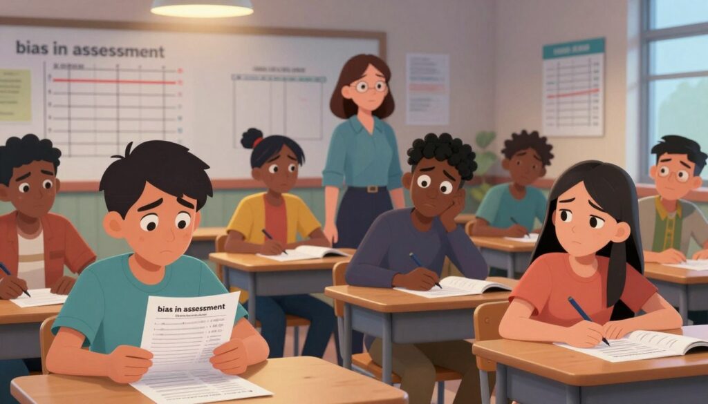 A visually striking representation of "bias in assessment," featuring a diverse group of students of various ethnicities and genders, seated at desks in a classroom setting. In the foreground, a student appears anxious as they review a standardized test, their face illuminated by a warm overhead light. In the middle, a teacher is observing the students, with a concerned expression, symbolizing the challenge of ensuring fairness in assessment. In the background, educational charts and mismatched grading scales hang on the walls, subtly indicating disparities in evaluation criteria. The overall atmosphere is tense yet hopeful, with a soft focus effect emphasizing the students’ expressions, shot using a 35mm lens to capture a layered depth. The color palette combines warm tones with a hint of cool blues to create contrast, enhancing the emotional complexity of the scene.