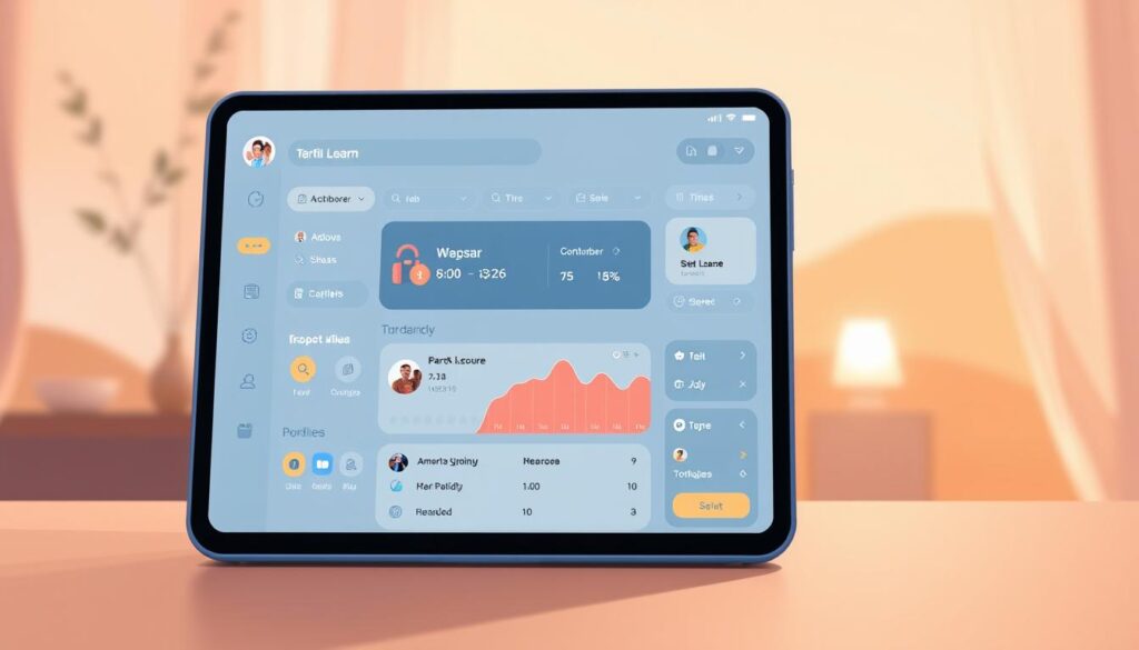 A well-designed and intuitive app interface with a warm, inviting aesthetic. In the foreground, a user-friendly dashboard featuring clean typography, tactile UI elements, and a harmonious color palette that evokes a sense of calm and ease. The middle ground showcases a sleek device displaying the app in use, seamlessly blending form and function. In the background, a soft, blurred landscape with subtle ambient lighting, creating a cozy, immersive atmosphere that enhances the overall user experience. The composition conveys a balance of utility and emotional resonance, embodying the principles of emotional design in technology.
