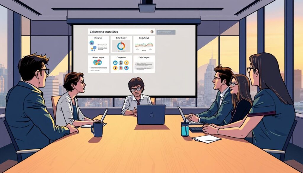 A well-lit conference room with a large projection screen displaying a series of collaborative team slides. In the foreground, a group of diverse professionals – a designer, a developer, a business analyst, and a project manager – gathered around a sleek wooden table, engaged in a lively discussion. Warm, directional lighting casts subtle shadows, creating a sense of depth and focus. The middle ground features a minimalist, modern aesthetic with clean lines and neutral tones, complementing the corporate setting. In the background, floor-to-ceiling windows offer a panoramic view of a bustling cityscape, hinting at the global reach of the team's collaboration.