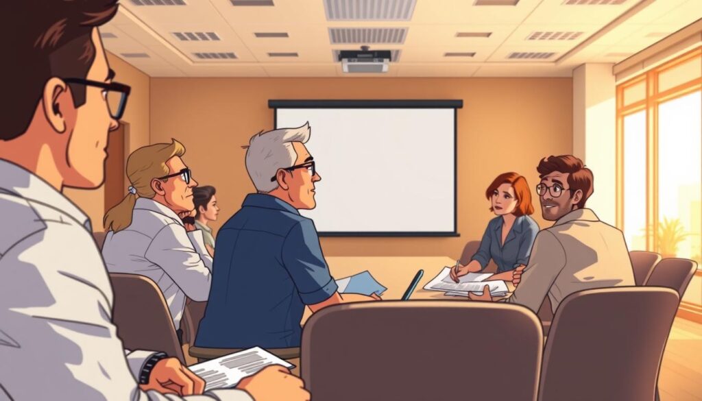 A well-lit conference room with a large table, chairs, and a projector screen in the background. In the foreground, several people are engaged in a lively discussion, their faces expressing concentration and active listening. The lighting is warm and natural, casting a soft glow on the scene. The angle is slightly elevated, giving a bird's-eye view of the meeting, capturing the details of the participants' body language and the materials they are reviewing. The atmosphere is one of productive collaboration, with a sense of purpose and focus. A well-lit conference room with a large table, chairs, and a projector screen in the background. In the foreground, several people are engaged in a lively discussion, their faces expressing concentration and active listening. The lighting is warm and natural, casting a soft glow on the scene. The angle is slightly elevated, giving a bird's-eye view of the meeting, capturing the details of the participants' body language and the materials they are reviewing. The atmosphere is one of productive collaboration, with a sense of purpose and focus.