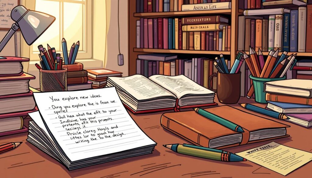 A well-lit, detailed desk scene with an array of writing prompts, notebooks, and creative tools. In the foreground, a stack of index cards with handwritten prompts, inviting the viewer to explore new ideas. In the middle ground, a leather-bound journal and an array of pens and pencils, suggesting a process of ideation and exploration. In the background, a bookshelf filled with volumes on writing, design, and creativity, creating a sense of depth and inspiration. The lighting is soft and warm, creating a cozy, contemplative atmosphere, encouraging the viewer to engage with the writing prompts and unlock their creative potential.