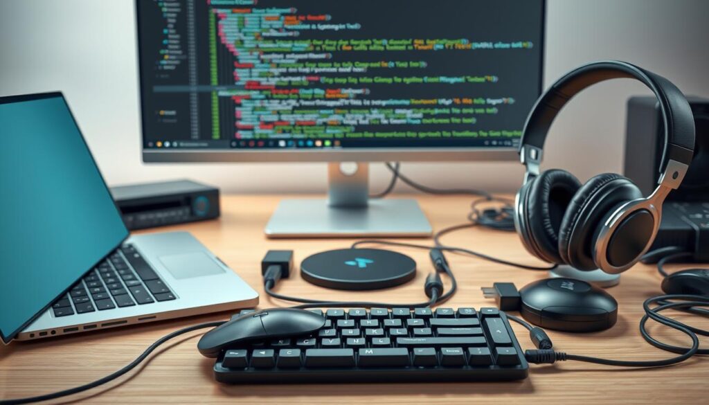 A well-lit, high-resolution image of an assortment of modern software development tools arranged in a visually appealing composition. The foreground features a selection of essential items: a sleek laptop, a high-end computer mouse, a mechanical keyboard with programmable keys, and a pair of noise-cancelling headphones. In the middle ground, various cables, adapters, and a wireless charging pad create a sense of interconnectivity. The background showcases a clean, minimalist workspace with a large, high-resolution monitor displaying code or a development environment. The overall atmosphere conveys a sense of productivity, efficiency, and the tech-savvy nature of async-first design practices.
