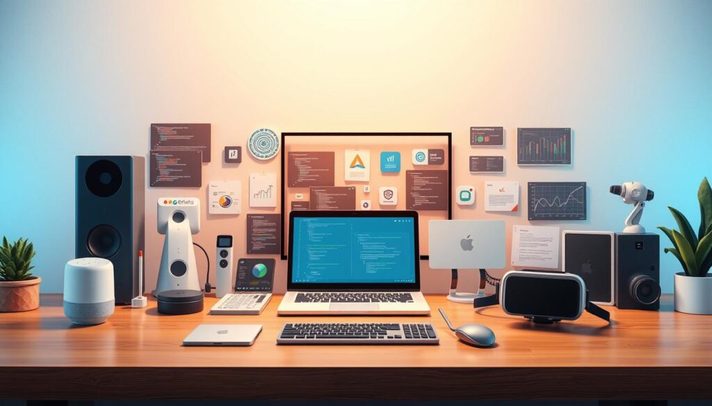 A well-lit, high-resolution shot of a collection of modern AI tools and technologies, neatly arranged on a minimalist, wooden desktop. In the foreground, various smart devices and gadgets, including a sleek laptop, a voice assistant, and a virtual reality headset. In the middle ground, an array of programming tools and software applications, such as code editors, data visualization tools, and machine learning frameworks. In the background, a clean, uncluttered workspace with subtle, natural lighting, creating a sense of focus and productivity. The overall composition conveys a sense of innovation, efficiency, and the power of cutting-edge AI tools to empower a daily discovery newsletter.