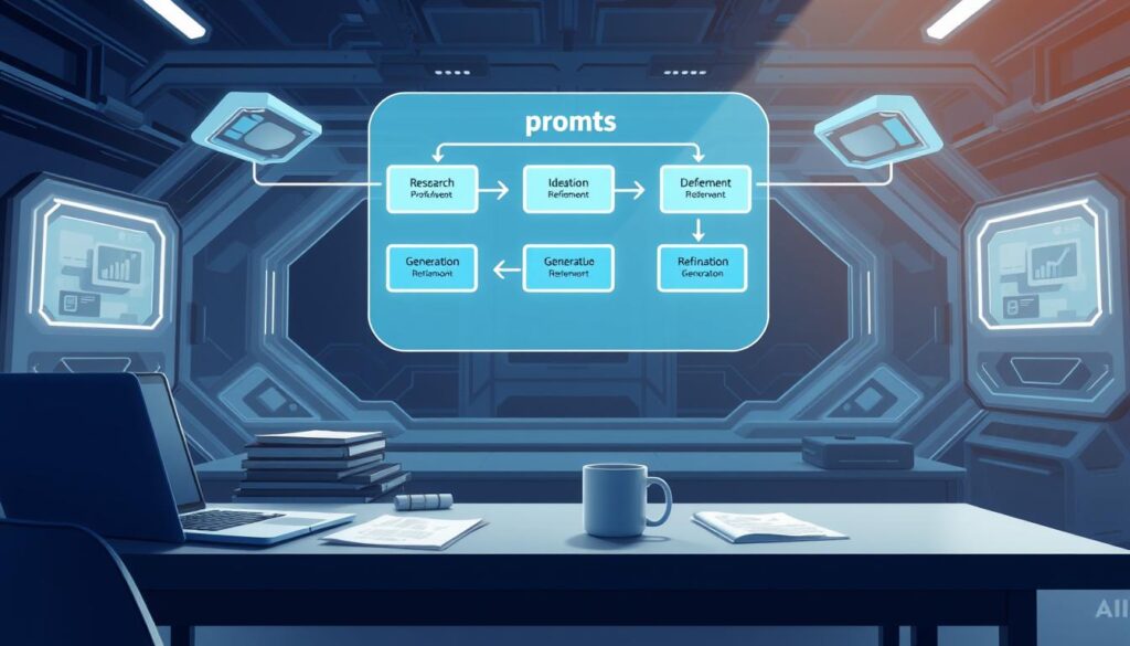 A well-lit, highly detailed 3D illustration of a workflow diagram for content creation using AI-powered prompting tools. The foreground shows a desk with a laptop, various documents, and a coffee mug. The middle ground features a holographic projection of the prompts workflow, with boxes and arrows illustrating the different stages - research, ideation, refinement, and generation. The background has a futuristic, tech-inspired setting with floating displays, geometric patterns, and a cool color palette dominated by blues and grays. Sleek, minimalist design elements convey a sense of efficiency and streamlined productivity. The overall scene has a professional, high-tech atmosphere that effectively communicates the process of creating industry-specific AI-generated content.