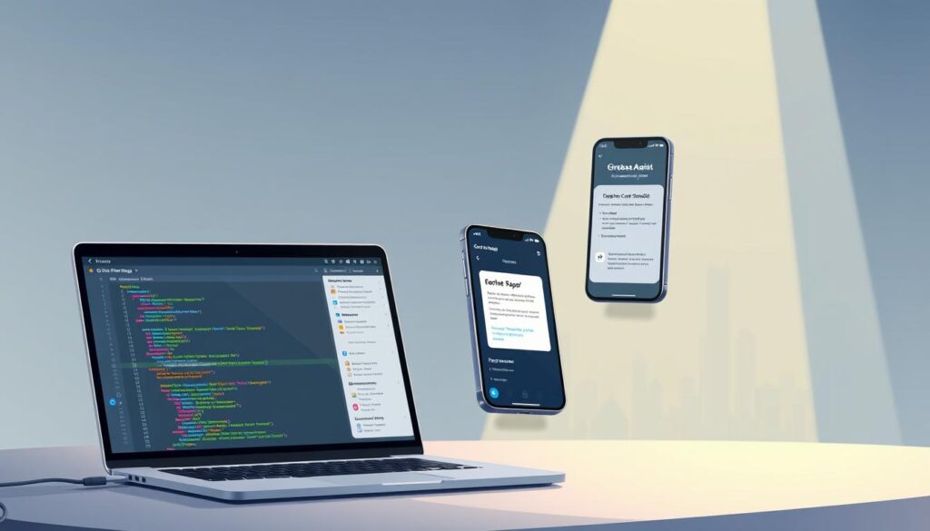 A well-lit, isometric view of a digital workspace showcasing step-by-step app development tools. In the foreground, a sleek laptop displays a modern code editor interface with color-coded syntax and smart code suggestions. Beside it, a tablet hovers, its screen filled with a Firebase Studio dashboard. In the middle ground, a floating smartphone depicts a Gemini Code Assist AI interface, with contextual code hints and debugging tools. The background features a minimalist, futuristic cityscape, hinting at the integration of these powerful coding aids into a seamless, high-tech workflow.
