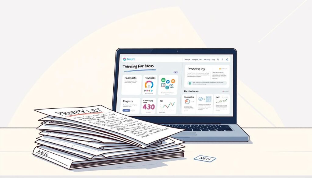 A well-lit, modern newsletter cover showcasing a variety of trending prompt ideas and use cases. In the foreground, a stack of crisp, high-quality papers with handwritten notes and sketches. In the middle ground, a laptop displaying examples of prompts, along with visual references and data analytics. The background features a clean, minimalist design with subtle geometric patterns, creating a professional and contemporary atmosphere. The lighting is soft and even, highlighting the details and creating a sense of focus and clarity. The overall composition is balanced and visually appealing, conveying the idea of a comprehensive newsletter dedicated to the world of AI-powered prompt engineering.