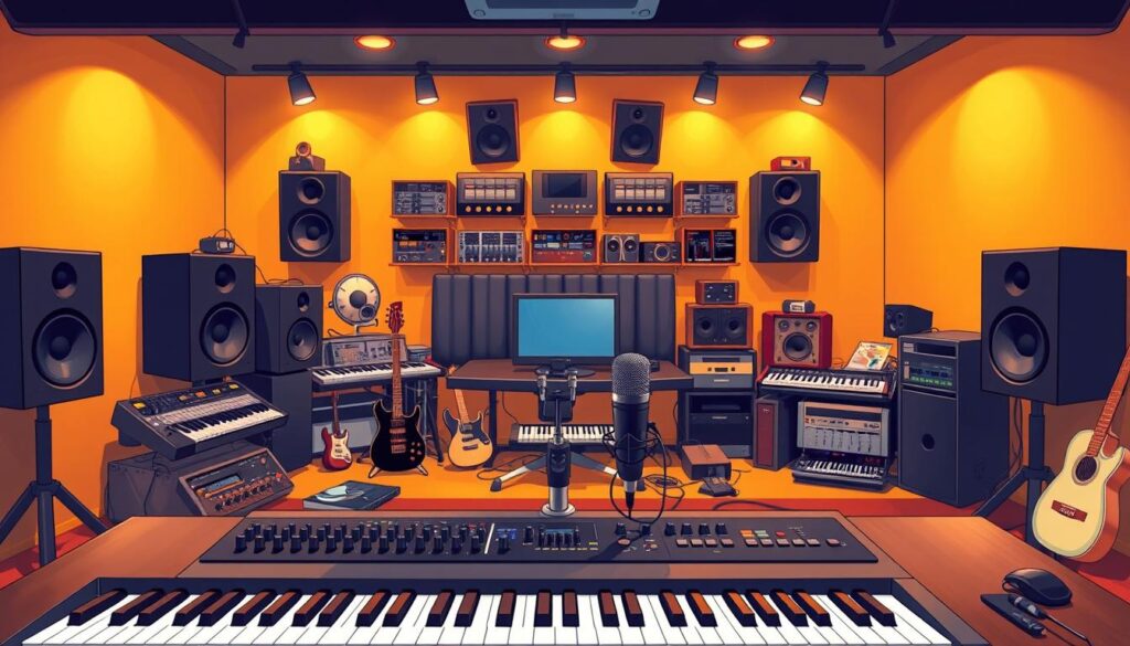 A well-lit studio workspace with an array of production tools for music creation. In the foreground, a professional-grade digital audio workstation, with a sleek keyboard, mixer, and a high-quality microphone. In the middle ground, various instruments and accessories, such as a guitar, synthesizer, and sound isolation panels. The background features a wall of audio equipment, including speakers, monitors, and a rack of processing units. The lighting is warm and evenly distributed, creating a cozy, focused atmosphere for the musician. The overall scene conveys a sense of professionalism, creativity, and release-readiness for music production.