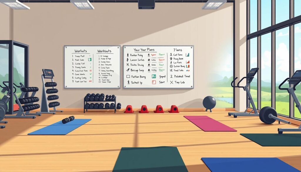 A well-organized fitness studio with an array of exercise equipment, weights, and yoga mats in the foreground. In the middle ground, a large whiteboard displaying various workout routines and plans, with a clean, minimalist design. The background features a large window overlooking a serene outdoor landscape, bathed in soft, natural lighting. The overall atmosphere is one of focus, motivation, and a sense of progress, inviting the viewer to imagine themselves engaged in a productive workout session.