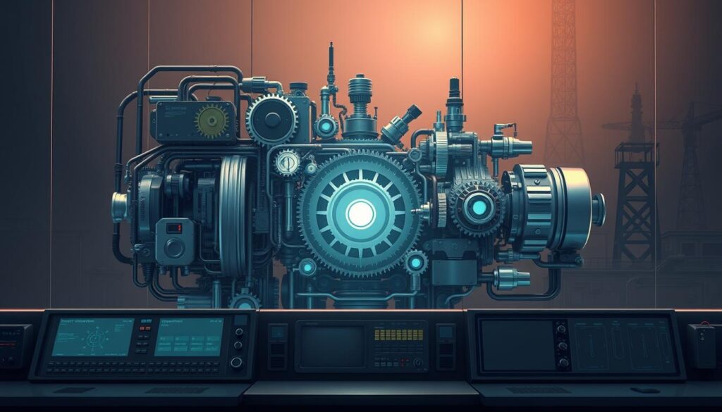 An intricate, futuristic automation engine set against a sleek, metallic backdrop. The centerpiece is a labyrinth of interconnected gears, cogs, and pistons, bathed in a soft, ambient glow that illuminates their rhythmic movements. In the foreground, a series of control panels with precise, minimalist displays and tactile interfaces suggest an advanced, user-friendly system. The middle ground features an array of modular components, each with their own distinct functions, seamlessly integrated into the overall design. The background is a dimly lit, industrial landscape, with towering structures and a sense of scale that emphasizes the power and complexity of this autonomous system. The mood is one of efficiency, precision, and a glimpse into the future of technology-driven productivity. An intricate, futuristic automation engine set against a sleek, metallic backdrop. The centerpiece is a labyrinth of interconnected gears, cogs, and pistons, bathed in a soft, ambient glow that illuminates their rhythmic movements. In the foreground, a series of control panels with precise, minimalist displays and tactile interfaces suggest an advanced, user-friendly system. The middle ground features an array of modular components, each with their own distinct functions, seamlessly integrated into the overall design. The background is a dimly lit, industrial landscape, with towering structures and a sense of scale that emphasizes the power and complexity of this autonomous system. The mood is one of efficiency, precision, and a glimpse into the future of technology-driven productivity.