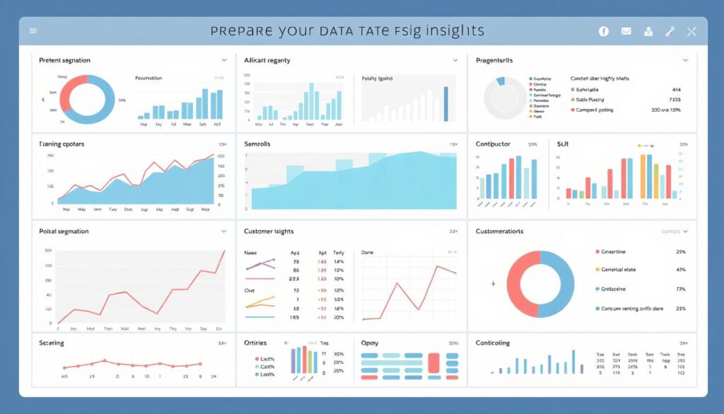 a detailed data visualization dashboard composed of various charts, graphs, and data visualizations depicting customer segmentation patterns and insights. the dashboard is presented against a clean, minimalist backdrop with neutral tones, allowing the data elements to take center stage. the visualizations are crisp, clear, and elegantly designed, providing a seamless and informative user experience. the overall aesthetic conveys a sense of professionalism, precision, and data-driven decision making, perfectly suited to illustrate the "prepare your data the right way" section of the article on customer segmentation using ai clustering.