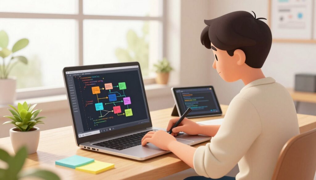 A bright and inviting workspace setting where a young coder, dressed in casual smart attire, is intently writing code on a laptop. In the foreground, the focus is on the laptop screen displaying code snippets alongside a vibrant flowchart illustrating the coding process. In the middle, neatly organized desk items such as colorful sticky notes, a digital tablet, and a small plant add to the scene’s creativity. In the background, there are large windows allowing natural light to flood in, illuminating the space and creating a warm, motivating atmosphere. The overall mood is one of enthusiasm and exploration, capturing the essence of starting a coding journey. The camera angle is slightly above eye level, providing a clear view of both the coder and the vibrant workspace.