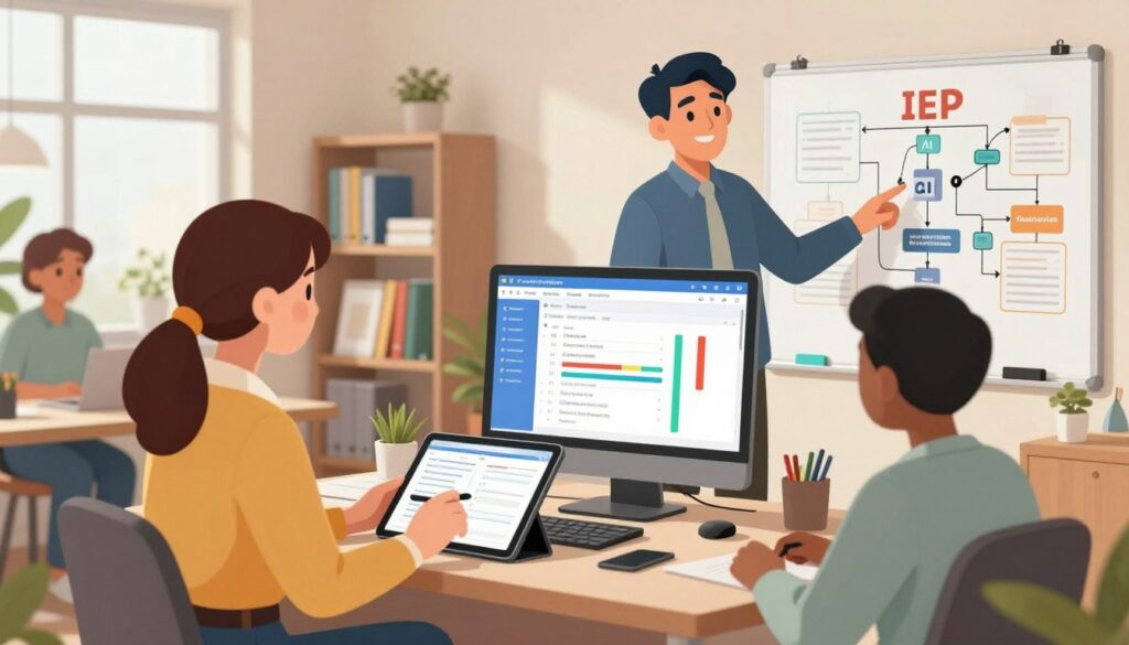 A bright and organized office space featuring a diverse group of professionals discussing a streamlined IEP paperwork process. In the foreground, a female educator in professional attire is reviewing digital documents on a tablet, while a male counselor is pointing at a flowchart on a whiteboard, illustrating AI-enhanced workflows. In the middle ground, a computer monitor displays an AI dashboard with colorful graphs and streamlined task lists for managing special education needs. The background showcases shelves filled with educational resources and a large window allowing natural light to brighten the room, creating an uplifting atmosphere. The overall mood is collaborative and supportive, emphasizing technology's role in enhancing special education. Use soft, warm lighting to create a welcoming environment, capturing the essence of teamwork and innovation.