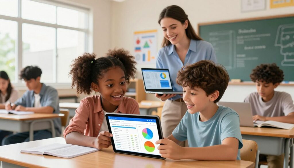 A bright, modern classroom featuring diverse students engaged in collaborative learning activities. In the foreground, a Black girl and a Hispanic boy, both in casual yet professional attire, excitedly analyze a digital report card displayed on a tablet, which showcases colorful graphs and progress indicators. In the middle ground, a white female teacher supports them, encouraging discussion with a smile, holding her laptop that reflects data analytics. The background reveals wall posters highlighting innovation and technology in education, with natural light streaming through large windows, creating a warm and optimistic atmosphere. The angle captures a dynamic perspective, emphasizing the interaction and the new tools empowering students, symbolizing a shift from traditional assessment methods to AI-driven insights.