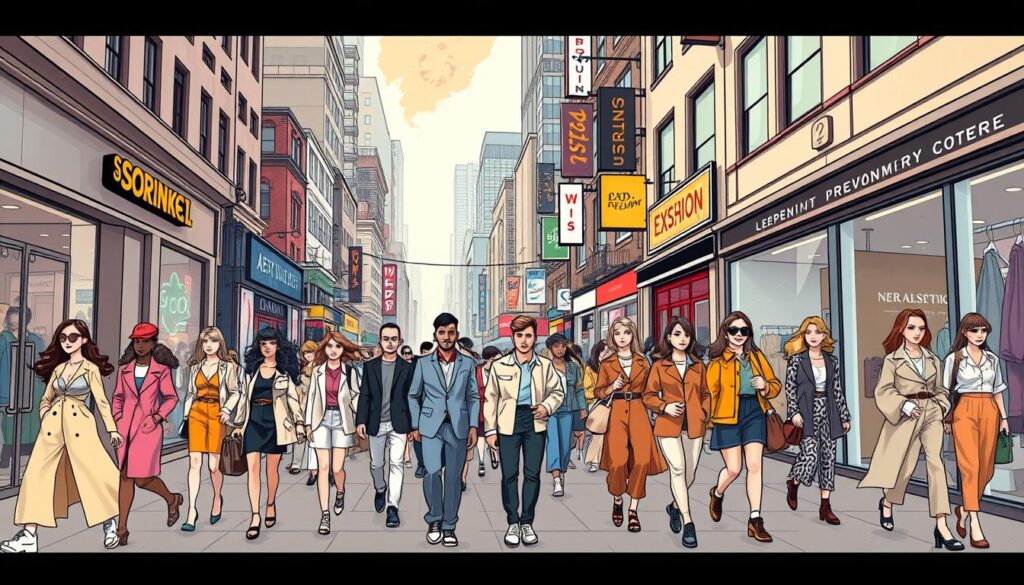 A bustling city street, captured with a wide-angle lens, showcasing diverse fashion trends and real-world examples that brands can learn from. In the foreground, pedestrians stride confidently, adorned in a vibrant array of styles - from sleek minimalist outfits to bold, eclectic ensembles. The middle ground features a mix of local boutiques, independent designers, and high-street retailers, each displaying their unique aesthetic. The background is filled with a dynamic blend of architectural elements, neon signs, and natural lighting that creates an energetic, aspirational atmosphere. The overall scene conveys a sense of urban creativity, individuality, and the ever-evolving nature of fashion in the real world. A bustling city street, captured with a wide-angle lens, showcasing diverse fashion trends and real-world examples that brands can learn from. In the foreground, pedestrians stride confidently, adorned in a vibrant array of styles - from sleek minimalist outfits to bold, eclectic ensembles. The middle ground features a mix of local boutiques, independent designers, and high-street retailers, each displaying their unique aesthetic. The background is filled with a dynamic blend of architectural elements, neon signs, and natural lighting that creates an energetic, aspirational atmosphere. The overall scene conveys a sense of urban creativity, individuality, and the ever-evolving nature of fashion in the real world.