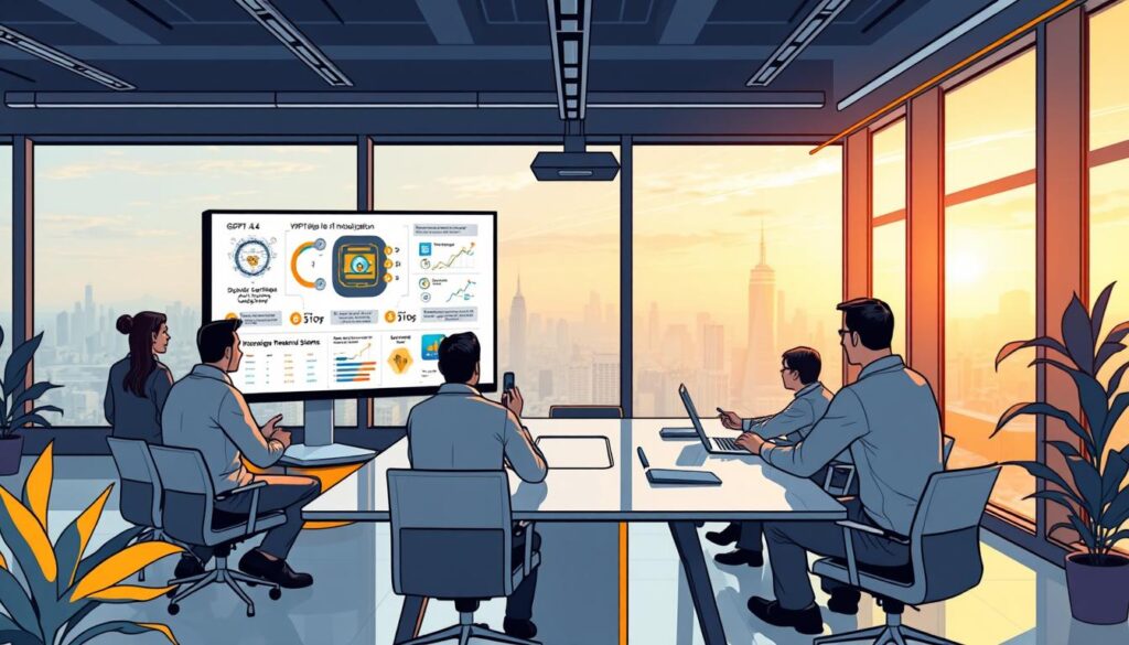 A bustling office scene with a computer monitor displaying a detailed blueprint for "GPT(4) Monetization". In the foreground, a team of AI engineers in a minimalist, modern workspace, deep in discussion as they pore over data visualizations and financial models. The middle ground features a sleek, high-tech conference table where a presentation is underway, showcasing innovative revenue streams beyond the GPT Store. In the background, floor-to-ceiling windows offer a panoramic city skyline, bathed in warm, golden lighting that conveys a sense of opportunity and potential. The overall atmosphere is one of collaborative innovation, as the team explores the cutting edge of GPT-driven monetization strategies. A bustling office scene with a computer monitor displaying a detailed blueprint for "GPT(4) Monetization". In the foreground, a team of AI engineers in a minimalist, modern workspace, deep in discussion as they pore over data visualizations and financial models. The middle ground features a sleek, high-tech conference table where a presentation is underway, showcasing innovative revenue streams beyond the GPT Store. In the background, floor-to-ceiling windows offer a panoramic city skyline, bathed in warm, golden lighting that conveys a sense of opportunity and potential. The overall atmosphere is one of collaborative innovation, as the team explores the cutting edge of GPT-driven monetization strategies.